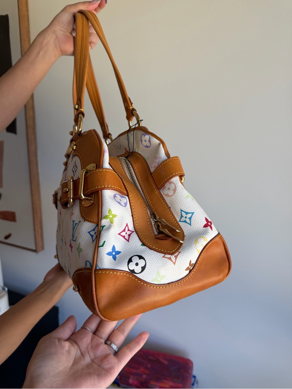 Louis Vuitton White Multicolor Monogram Canvas Shoulder Bag with Tan Leather - Picture 2 of 7